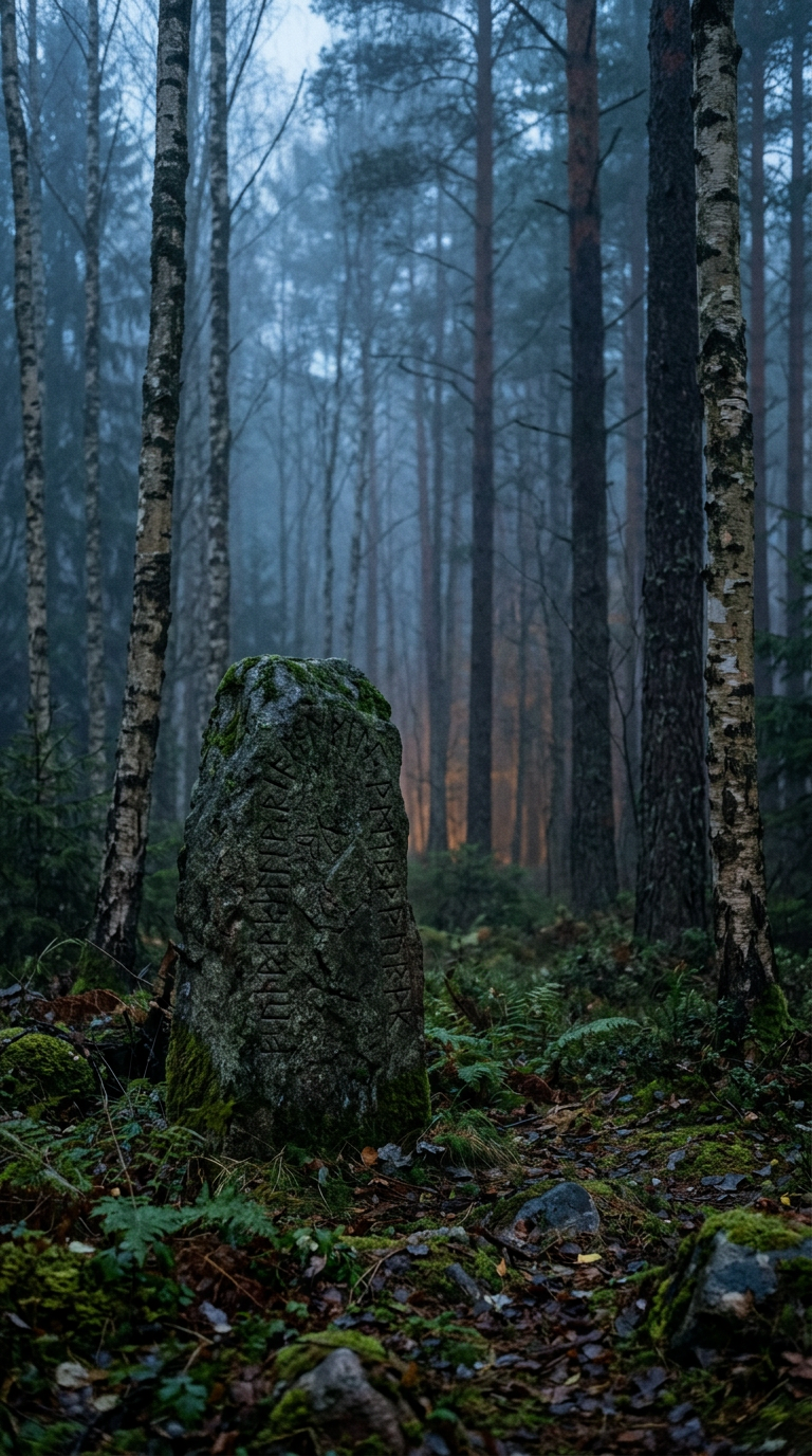 Misty Nordic forest at dawn